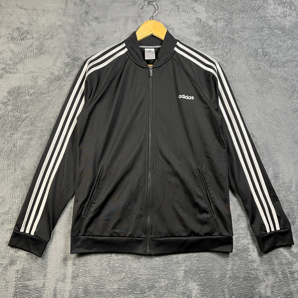 Adidas Track Jacket Womens Large Black 3 Stripes Full Zip Mock Neck Athleisure